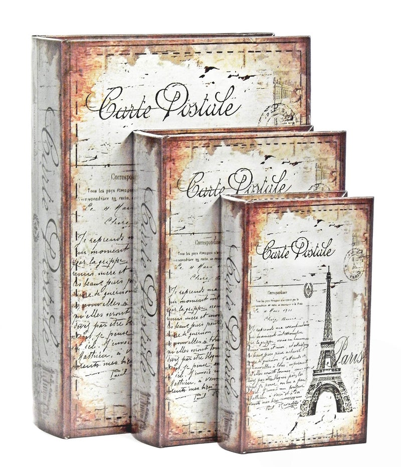 Bellaa 28069 Decorative Book Box Gift Set of 3 Paris Eiffel Tower Vintage Hidden Invisible Secret Storage Heavy Bookends Bookshelves Support End Magnetic Cover Stash Designed Wood Flux Leather - Image 1
